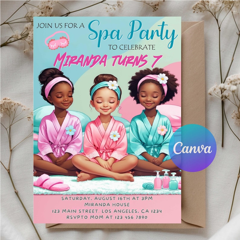 May include: Spa party invitation featuring three girls in spa robes. The invitation reads "Spa Party to Celebrate Miranda Turns 7." The design includes spa-themed illustrations and event details.