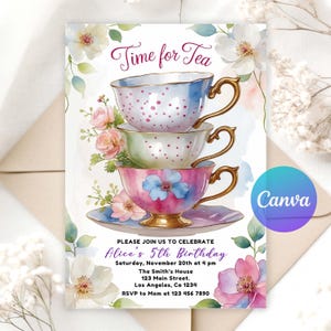 Convite de aniversário para chá da tarde | Convite elegante com tema floral editável para meninas | Modelo para impressão instantânea | Tema de jardim