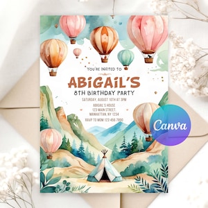Convite de aniversário com balão de ar quente | Convite infantil editável e divertido | Modelo para impressão com download instantâneo | Menino ou menina