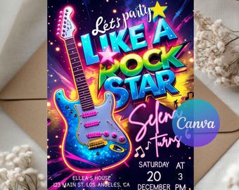 May include: A vibrant invitation card with a neon guitar illustration and the text "Let's party LIKE A ROCK STAR". The card includes event details: "Sefer Turns", date, time, and location. The design features a colorful, energetic theme.