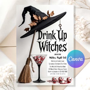 May include: Halloween-themed invitation with a black witch's hat adorned with brown leaves, a broom, and a martini glass filled with eyeballs. The text "Drink Up Witches" is prominently displayed, along with event details.
