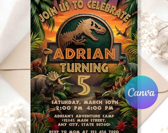 May include: A colorful dinosaur-themed birthday invitation. The design features a central logo with a T-Rex silhouette, the name "ADRIAN" and the number "5". The invitation includes event details and the text "JOIN US TO CELEBRATE".