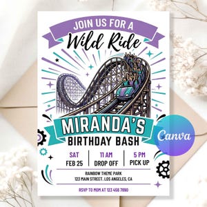 Op de afbeelding: Verjaardagsuitnodiging met een afbeelding van een achtbaan. De tekst luidt "Join us for a Wild Ride" en "Miranda's Birthday Bash". Het ontwerp bevat turquoise, paarse en witte elementen.