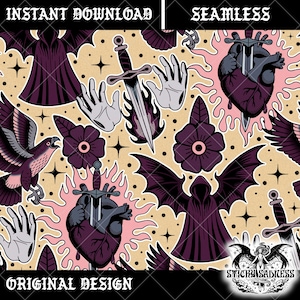 May include: Seamless digital pattern featuring gothic tattoo-style illustrations. The design includes a hooded figure, a heart pierced by a sword, a hawk, hands, flowers, and daggers. The color palette consists of purple, pink, and beige.