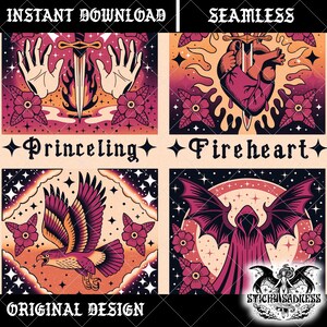 May include: Digital art featuring four tattoo-style designs. The designs include hands with a sword, a heart pierced by a sword, an eagle, and a cloaked figure with bat wings. Each design is set against a gradient background with floral and star accents. The text "INSTANT DOWNLOAD", "SEAMLESS", and "ORIGINAL DESIGN" is included.