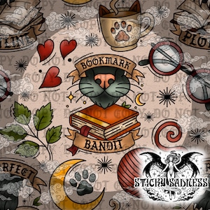 Bruin leesgrage kat naadloos patroon, leesgrage tattoo-flitspatroon png, neus in een boek, leuk herhalend patroon voor sublimatiedruk