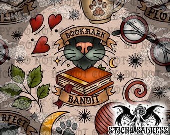 Tan Bookish Pet Cat Seamless Pattern, Bookish Tattoo Flash Pattern PNG, Nose in a Book, Cute Repeating Pattern for Sublimation Printing
