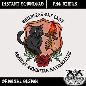 Kinderlose Katzendame Anti-Establishment PNG, Protest Kunst Download, schwarze Katze Design für Sublimationsaufkleber, digitale Kunst Sublimationsdruck