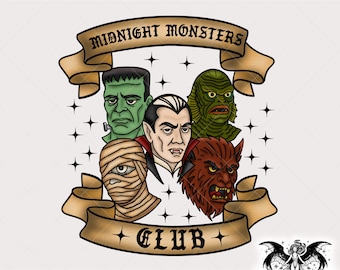 Midnight Monsters Club PNG, Vintage Horror Tattoo Style, Halloween Digital Sticker for Sublimation DTF Digital Art, Tattoo Flash Clipart