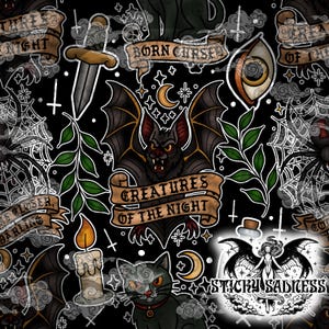 May include: Black background with a repeating pattern of gothic and Halloween-themed illustrations. Includes bats, spiders, candles, daggers, and banners with text. The phrase "Creatures of the Night" is prominently displayed.