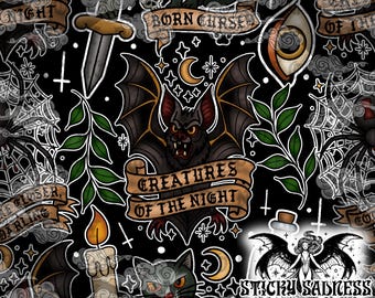 Dark Nocturnus Tattoo Flash Pattern PNG, Creatures of the Night, Occult Witchy Halloween Alt Digital Paper for Fabric, Stationery, Wrapping