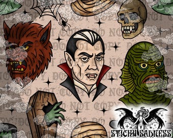 Tan Midnight Monsters Seamless Pattern, Vintage Horror Movie Tattoo Style Halloween Background, Occult Seamless Pattern PNG for Sublimation