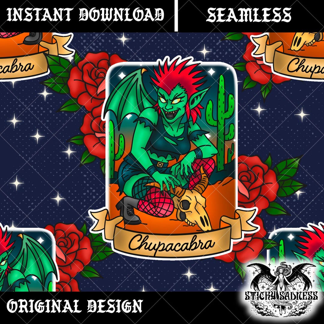 Blue Chupacabra Pinup Seamless Pattern, Vintage Cryptid Tattoo Style ...
