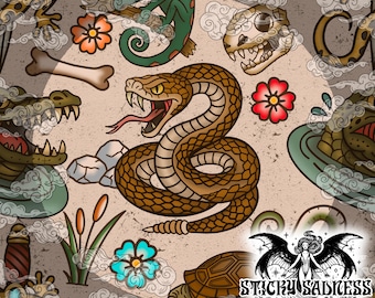 Tan Traditional Tattoo Reptile Flash Seamless Pattern, Cool Snake Animal and Spooky Western Design, Surface Pattern Fabric Vinyl Sublimation