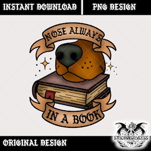 Neus altijd in een boek png, hondenliefhebber tattoo-stijl clipart, leesgrage huisdier digitaal ontwerp voor stickers, sublimatie, afdrukken, hondenpootboek png
