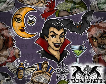 Purple Ladies Night Classic Monster Print, Vintage Horror Movie Tattoo Style Halloween Background, Occult Seamless Pattern PNG Sublimation