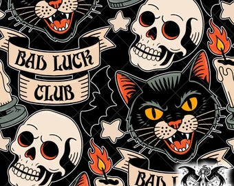 Schwarz Bad Luck Club Flash nahtlose Muster, Vintage Halloween Tattoo Hintergrund, gruselige Saison okkulte nahtlose Muster PNG für Sublimation