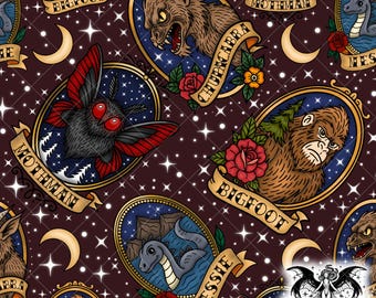 Red Cryptid Frame Seamless Pattern, Vintage Horror Movie Tattoo Style Halloween Background, Occult Seamless Pattern PNG for Sublimation