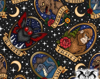 Holzkohle Cryptid Rahmen Nahtloses Muster, Vintage Horrorfilm Tattoo Stil Halloween Hintergrund, Okkultes Nahtloses Muster PNG für Sublimation