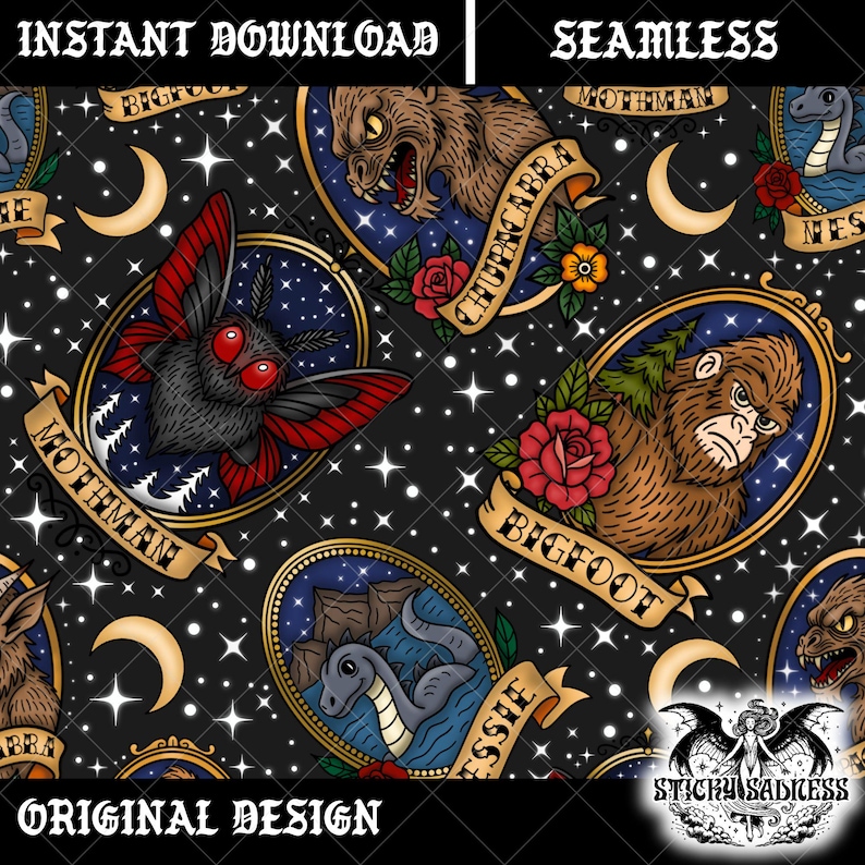 Cryptid Triangle Design Charcoal Cryptid Frame Seamless Pattern, Vintage Horror Movie Tattoo ...