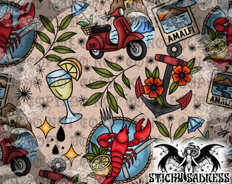Tan Amalfi Coast Traditional Tattoo Pattern, Coastal Summer Digital Paper, Lobster and Vespa Seamless Pattern for Fabric Sublimation Print