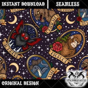 May include: Seamless pattern featuring illustrations of cryptids like Mothman, Bigfoot, and the Chupacabra, set against a dark purple starry background. Each creature is framed in an oval with a banner. The words "INSTANT DOWNLOAD", "SEAMLESS", and "ORIGINAL DESIGN" are visible.