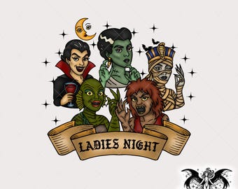 Ladies Night Classic Monsters PNG, Vintage Horror Tattoo Style, Halloween Digital Sticker Sublimation DTF Digital Art, Tattoo Flash Clipart