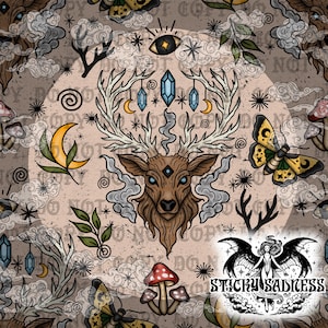 May include: A repeating pattern featuring a deer head with antlers, crystals, moons, butterflies, mushrooms, and clouds. The design is in shades of brown, beige, yellow, and blue, with a mystical theme. The text "Sticky Sadness" is in the bottom right corner.