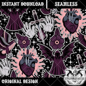 May include: Seamless pattern featuring gothic tattoo-style illustrations. The design includes a heart pierced by a sword, a hooded figure, a bird, hands, flowers, and swords, all in shades of purple, gray, and pink on a black background. The words "INSTANT DOWNLOAD", "SEAMLESS", and "ORIGINAL DESIGN" are also visible.