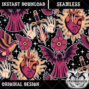 May include: Seamless pattern featuring traditional tattoo-style illustrations. The design includes a heart pierced by a sword, hands, daggers, a hooded figure with bat wings, flowers, and an eagle, all set against a black background. The words "INSTANT DOWNLOAD", "SEAMLESS", and "ORIGINAL DESIGN" are also visible.