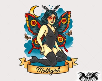 Mothgirl Pinup PNG, Tattoo Cryptid Clipart, Alternative Traditional Tattoo PNG for Printing, Stickers, Shirts, Sublimation, Stickers, Mug