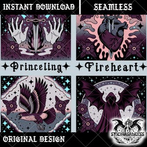 May include: Four square images with gothic tattoo designs. The designs include hands and a sword, a heart and a dagger, an eagle, and a cloaked figure with wings. The text "INSTANT DOWNLOAD", "SEAMLESS", and "ORIGINAL DESIGN" are included.