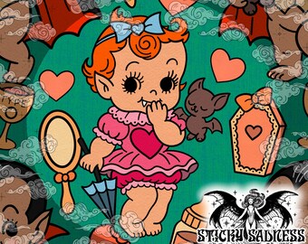 Green Vintage Kawaii Baby Vamps Seamless Pattern, Retro Halloween Design, Cute and Spooky Design, Surface Pattern Fabric Vinyl Sublimation