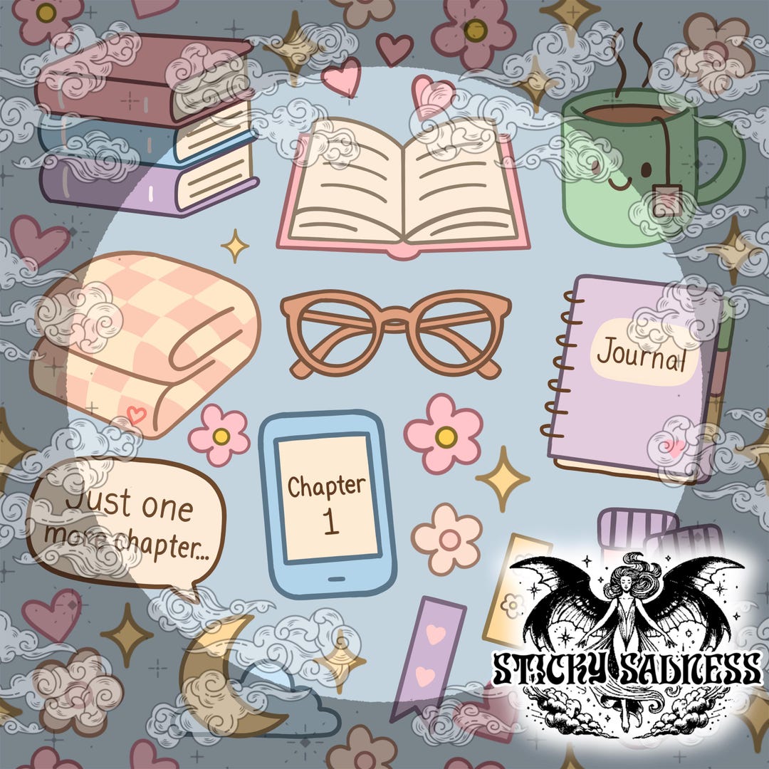 Periwinkle Cozy Reading Bookworm Seamless Pattern, Cottagecore Reading ...