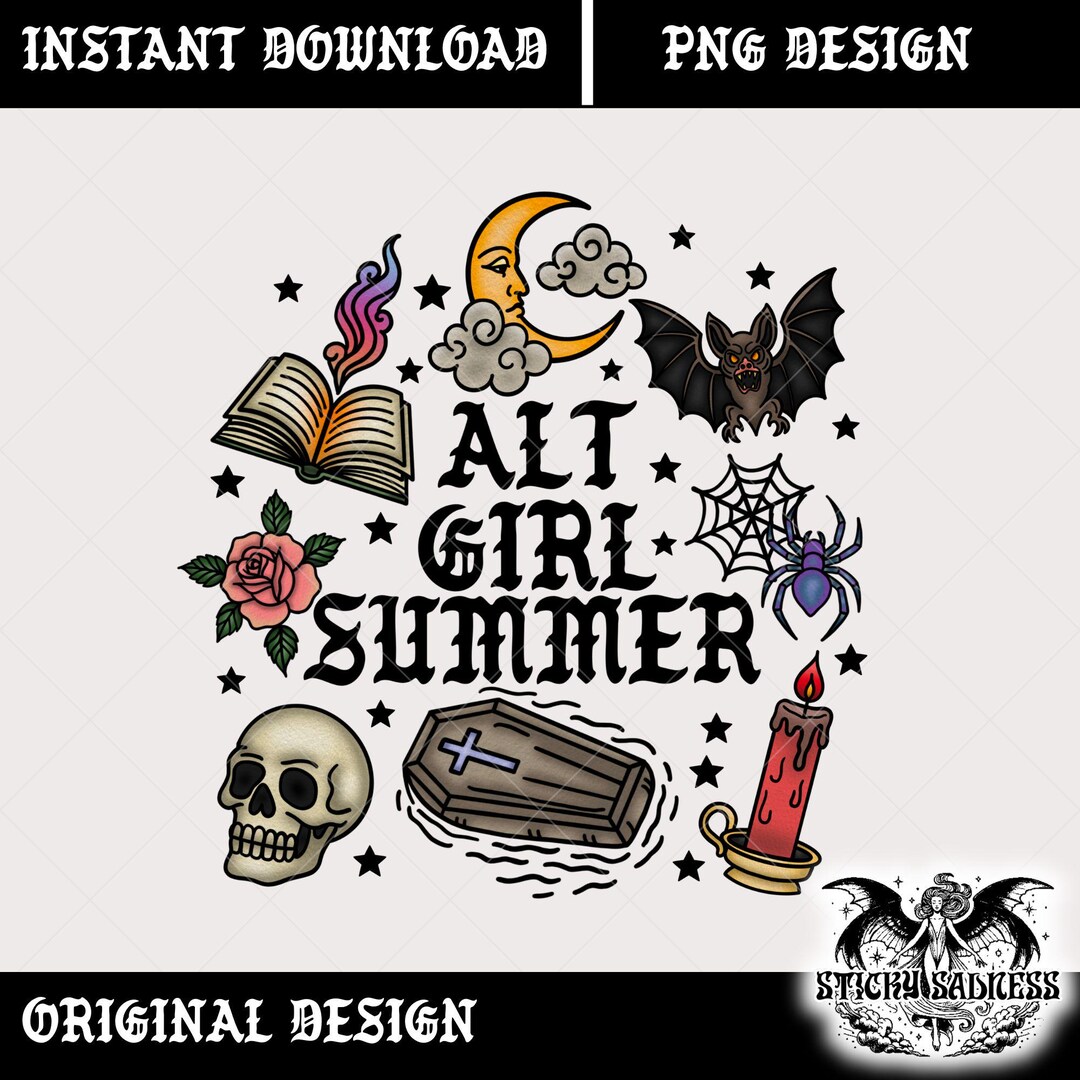 Alt Girl Summer Motifs PNG, Tattoo Flash Bookish Goth Sticker Design ...