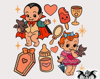 Baby Vamps Digital Design, Cute and Spooky Vintage Halloween Design, Kewpie PNG for Printing, Stickers, Shirts, Sublimation, Stickers, Mug