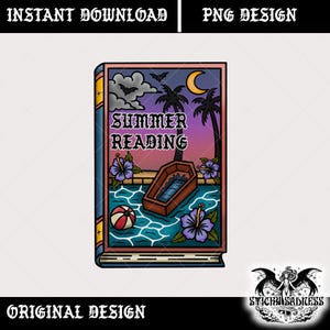 Peut inclure: Conception numérique d'un livre avec "Summer Reading" sur la couverture. La couverture représente un cercueil flottant dans une piscine, des palmiers, un croissant de lune et un ballon de plage. Le design comprend des chauves-souris et des fleurs d'hibiscus.
