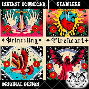 May include: Four digital art prints in a vintage tattoo style. Each square features a different design: hands with a sword, a heart with a sword, a red eagle, and a figure with bat wings. The words "Instant Download", "Seamless", and "Original Design" are included.