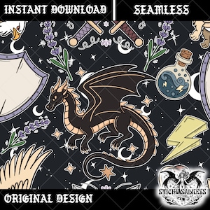 Natthimmel fantasivarelser mytiska sömlösa mönster digitalt papper, drake gryphon svärd magiskt mönsterdesign för tygvinyl sublimering