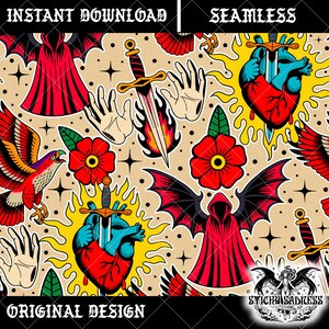 May include: Seamless pattern featuring traditional tattoo art elements. The design includes red roses, daggers, hearts pierced with swords, a red-robed figure with bat wings, and a red and yellow eagle. The words "INSTANT DOWNLOAD", "SEAMLESS", and "ORIGINAL DESIGN" are also present.