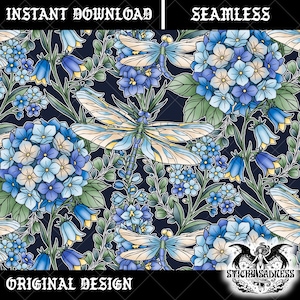 May include: Seamless pattern featuring blue hydrangeas, bellflowers, and dragonflies on a dark blue background. The design includes the text "INSTANT DOWNLOAD", "SEAMLESS", and "ORIGINAL DESIGN". The artwork has a vintage, botanical feel.