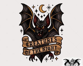 Creatures of the Night PNG, Gothic Bat Tattoo Clipart, Traditional Tattoo PNG for Printing, Stickers, Shirts, Sublimation, Stickers, Mug