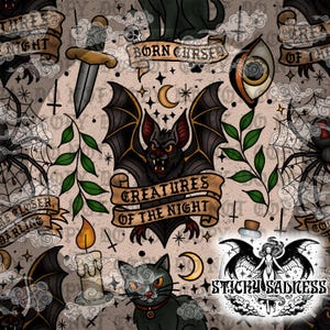 May include: A seamless pattern featuring gothic and Halloween-themed illustrations. The design includes a bat with outstretched wings, a black cat, a spiderweb, a dagger, and the text "Creatures of the Night". The color palette is primarily black, tan, and green.