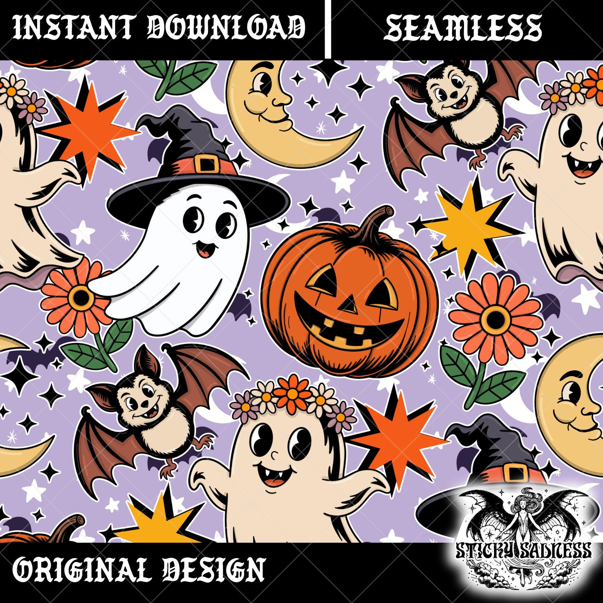 Purple Bats Ditsy Ghosts Seamless Pattern, Vintage Halloween Cartoon ...