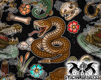 Dark Traditional Tattoo Reptile Flash Seamless Pattern, Cool Animal and Spooky Western Design, Surface Pattern Fabric Vinyl Sublimation
