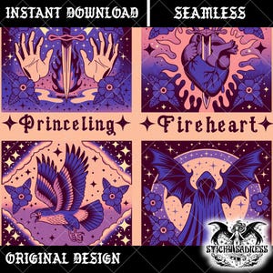 May include: A digital art print featuring four square designs with a vintage aesthetic. The designs include a sword between hands, a heart pierced by a dagger, an eagle, and a cloaked figure with bat wings. The text includes "INSTANT DOWNLOAD", "SEAMLESS", "Princeling", "Fireheart", and "ORIGINAL DESIGN".
