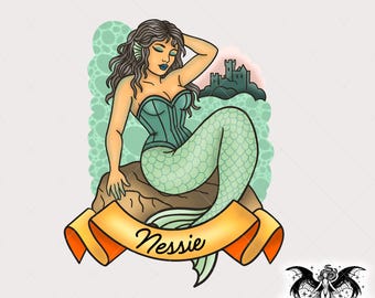Nessie Pinup PNG, Tattoo Cryptid Clipart, Alternative Traditional Tattoo PNG for Printing, Stickers, Shirts, Sublimation, Stickers, Mug