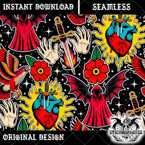 May include: Seamless pattern featuring traditional tattoo art elements. The design includes red hearts pierced by swords, red roses, eagles, hands, and hooded figures, all set against a black background with stars. The words "INSTANT DOWNLOAD", "SEAMLESS", and "ORIGINAL DESIGN" are also visible.