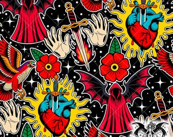 Dark Vintage Fantasy Motif Seamless Pattern, Bookish Tattoo Pattern PNG, Romantasy Pattern, Repeating Pattern for Sublimation Printing
