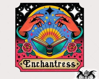 Enchantress PNG, Vintage Mystical Poster Style, Digital Sticker Design for Sublimation DTF Digital Art, Tattoo Flash Clipart